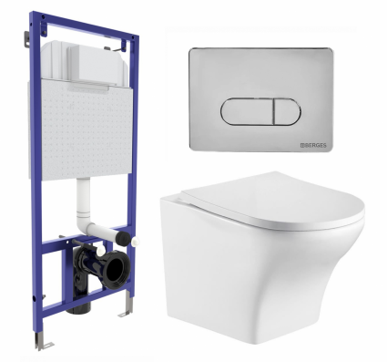 Комплект 3 в 1 инсталляция Berges Wasserhaus Novum 040233 + Подвесной унитаз WeltWasser Odenbach 004 GL-WT + кнопка хром