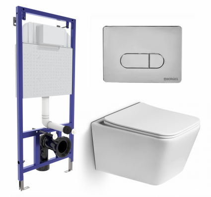 Комплект 3 в 1 инсталляция Berges Wasserhaus Novum 040233 + Унитаз подвесной SantiLine SL-5007 + кнопка хром