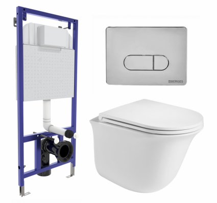 Комплект 3 в 1 инсталляция Berges Wasserhaus Novum 040233 + Подвесной унитаз WeltWasser Telbach 004 GL-WT + кнопка хром