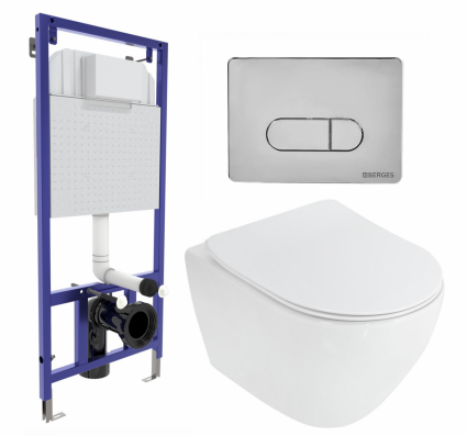 Комплект 3 в 1 инсталляция Berges Wasserhaus Novum 040233 + Унитаз подвесной Cezares Stylus CZR-513-TH-R + кнопка хром