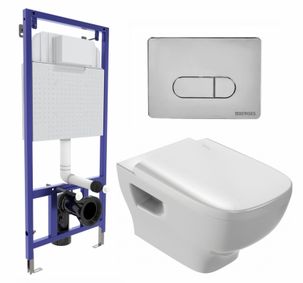 Комплект 3 в 1 инсталляция Berges Wasserhaus Novum 040233 + Унитаз подвесной Jacob Delafon Struktura EDE102-00 + кнопка хром