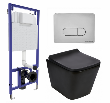 Комплект 3 в 1 инсталляция Berges Wasserhaus Novum 040233 + Подвесной унитаз WeltWasser Gelbach 043 MT-BL + кнопка хром