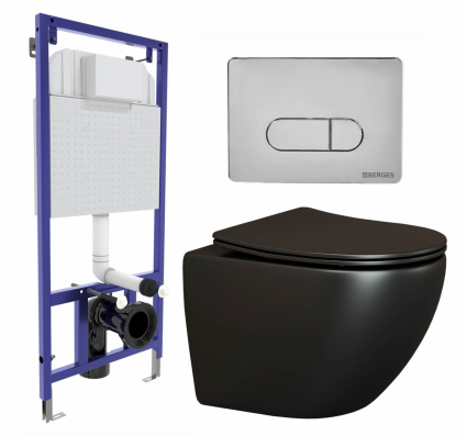 Комплект 3 в 1 инсталляция Berges Wasserhaus Novum 040233 + Унитаз подвесной Ceramica Nova Metropol CN4002MB + кнопка хром