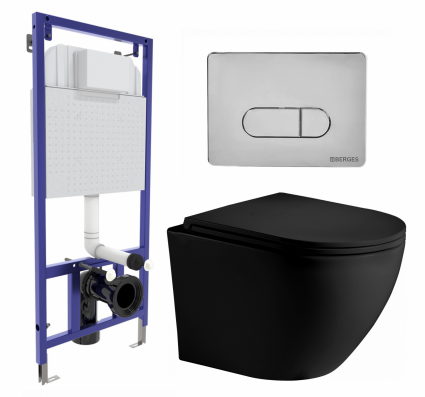 Комплект 3 в 1 инсталляция Berges Wasserhaus Novum 040233 + Унитаз подвесной Weltwasser WW Merzbach 043 MT-BL + кнопка хром