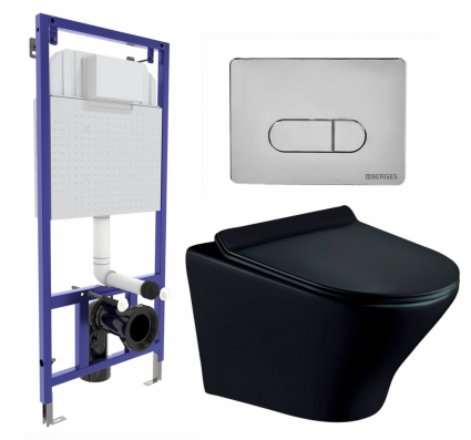 Комплект 3 в 1 инсталляция Berges Wasserhaus Novum 040233 + Унитаз подвесной Esbano Aster ESUPASTEBM + кнопка хром