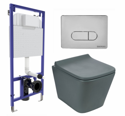 Комплект 3 в 1 инсталляция Berges Wasserhaus Novum 040233 + Унитаз подвесной Weltwasser WW SK Gelbach 041 MT-GR + кнопка хром