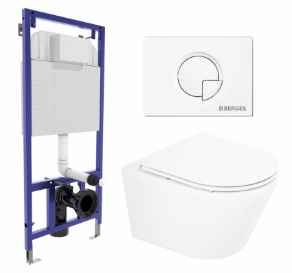 Комплект 3 в 1 инсталляция Berges Wasserhaus Novum 040221 + Унитаз подвесной BelBagno Tre BB8001CHR/SC + кнопка белая