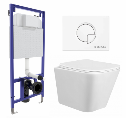 Комплект 3 в 1 инсталляция Berges Wasserhaus Novum 040221 + Унитаз подвесной Taliente Correto CR25200 + кнопка белая