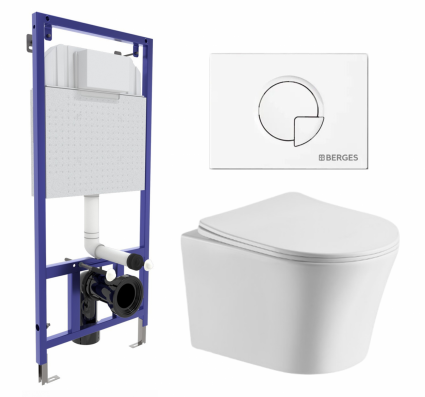 Комплект 3 в 1 инсталляция Berges Wasserhaus Novum 040221 + Подвесной унитаз CeruttiSpa Adige Aria CT7837 + кнопка белая