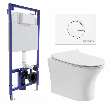 Комплект 3 в 1 инсталляция Berges Wasserhaus Novum 040221 + Подвесной безободковый унитаз CeruttiSpa Bernina aria CT7191 + кнопка белая