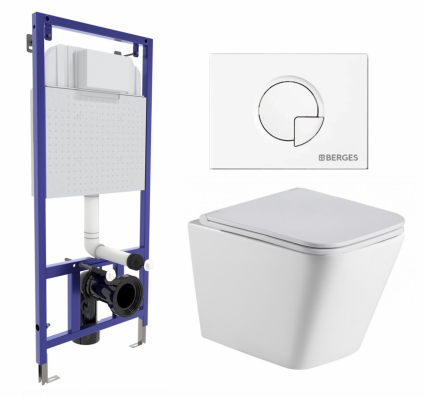 Комплект 3 в 1 инсталляция Berges Wasserhaus Novum 040221 + Подвесной унитаз WeltWasser Gelbach 043 GL-WT + кнопка белая