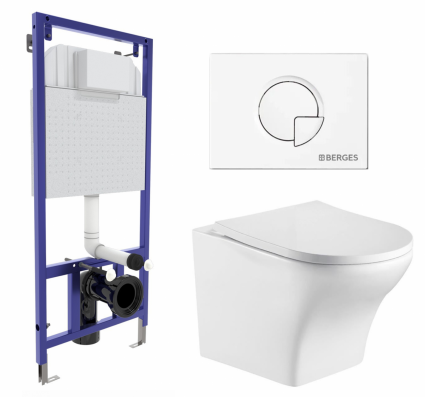 Комплект 3 в 1 инсталляция Berges Wasserhaus Novum 040221 + Подвесной унитаз WeltWasser Odenbach 004 GL-WT + кнопка белая