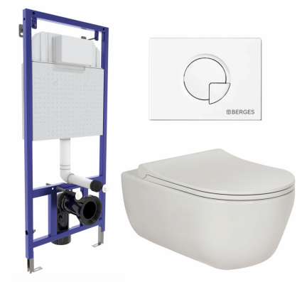 Комплект 3 в 1 инсталляция Berges Wasserhaus Novum 040221 + Унитаз подвесной Berges Wasserhaus Ego XL 082118 + кнопка белая