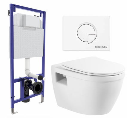 Комплект 3 в 1 инсталляция Berges Wasserhaus Novum 040221 + Унитаз подвесной BelBagno Loto BB070CHR/SC + кнопка белая