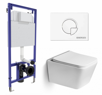 Комплект 3 в 1 инсталляция Berges Wasserhaus Novum 040221 + Унитаз подвесной SantiLine SL-5007 + кнопка белая
