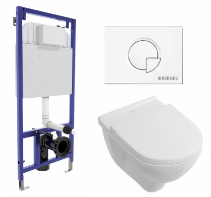 Комплект 3 в 1 инсталляция Berges Wasserhaus Novum 040221 + Унитаз подвесной Villeroy & Boch O Novo Directflush + кнопка белая