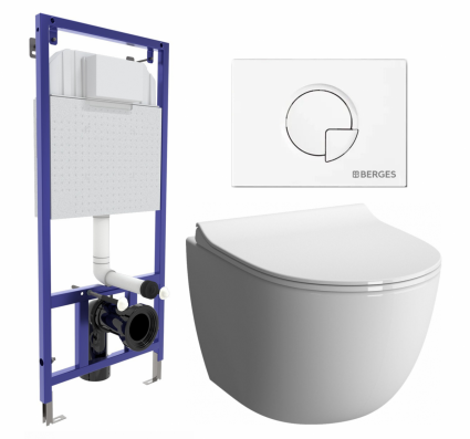 Комплект 3 в 1 инсталляция Berges Wasserhaus Novum 040221 + Унитаз подвесной VitrA Sento 7748В003-0075 + кнопка белая