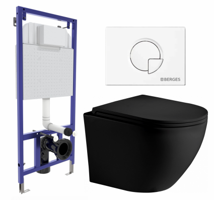 Комплект 3 в 1 инсталляция Berges Wasserhaus Novum 040221 + Унитаз подвесной Weltwasser WW Merzbach 043 MT-BL + кнопка белая