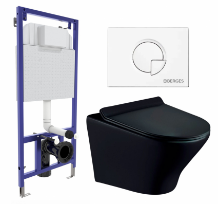 Комплект 3 в 1 инсталляция Berges Wasserhaus Novum 040221 + Унитаз подвесной Esbano Aster ESUPASTEBM + кнопка белая