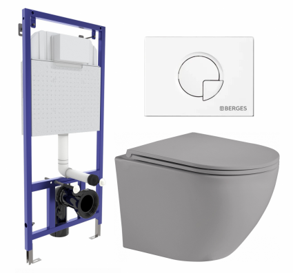 Комплект 3 в 1 инсталляция Berges Wasserhaus Novum 040221 + Унитаз подвесной Weltwasser WW Merzbach 043 MT-GR + кнопка белая