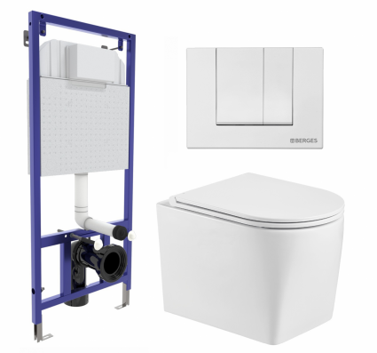 Комплект 3 в 1 инсталляция Berges Wasserhaus Novum 040241 + Унитаз подвесной WeltWasser Nesenbach 004 GL-WT + кнопка белая