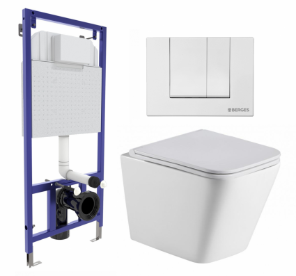 Комплект 3 в 1 инсталляция Berges Wasserhaus Novum 040241 + Подвесной унитаз WeltWasser Gelbach 043 GL-WT + кнопка белая