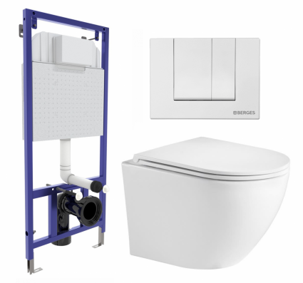 Комплект 3 в 1 инсталляция Berges Wasserhaus Novum 040241 + Подвесной унитаз WeltWasser Merzbach 043 GL-WT + кнопка белая