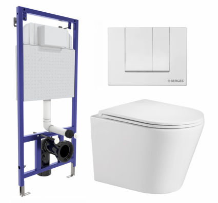 Комплект 3 в 1 инсталляция Berges Wasserhaus Novum 040241 + Подвесной унитаз WeltWasser Salzbach 043 GL-WT + кнопка белая