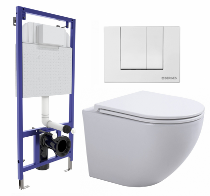 Комплект 3 в 1 инсталляция Berges Wasserhaus Novum 040241 + Подвесной унитаз SinteSi EVI + кнопка белая