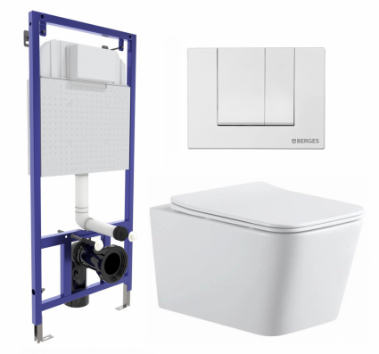 Комплект 3 в 1 инсталляция Berges Wasserhaus Novum 040241 + Подвесной унитаз SinteSi BALTI + кнопка белая