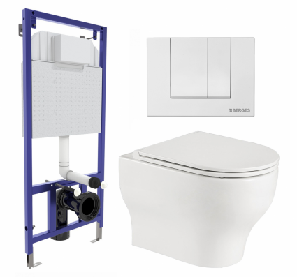 Комплект 3 в 1 инсталляция Berges Wasserhaus Novum 040241 + Подвесной унитаз WeltWasser Erlenbach 004 GL-WT + кнопка белая