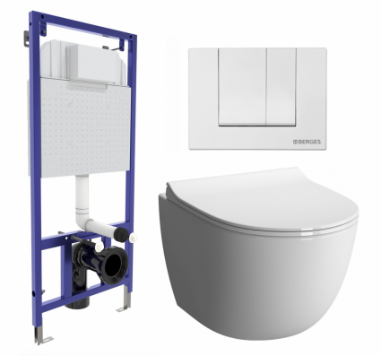 Комплект 3 в 1 инсталляция Berges Wasserhaus Novum 040241 + Унитаз подвесной VitrA Sento 7748В003-0075 + кнопка белая
