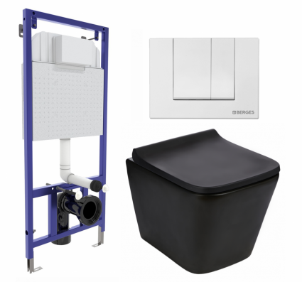 Комплект 3 в 1 инсталляция Berges Wasserhaus Novum 040241 + Подвесной унитаз WeltWasser Gelbach 043 MT-BL + кнопка белая