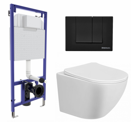 Комплект 3 в 1 инсталляция Berges Wasserhaus Novum 040245 + Унитаз подвесной Taliente Amato AM25010 + кнопка черная