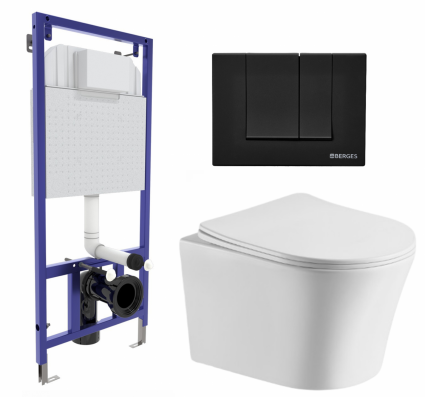 Комплект 3 в 1 инсталляция Berges Wasserhaus Novum 040245 + Подвесной унитаз CeruttiSpa Adige Aria CT7837 + кнопка черная