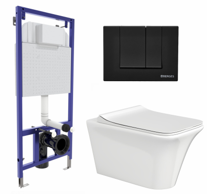 Комплект 3 в 1 инсталляция Berges Wasserhaus Novum 040245 + Унитаз подвесной CeruttiSpa Nivolet Aria 9034 + кнопка черная