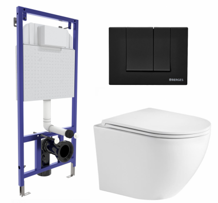 Комплект 3 в 1 инсталляция Berges Wasserhaus Novum 040245 + Подвесной унитаз WeltWasser Merzbach 043 GL-WT + кнопка черная