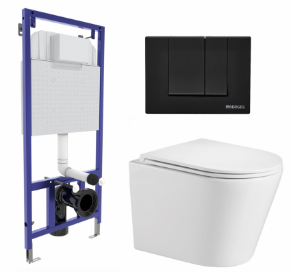 Комплект 3 в 1 инсталляция Berges Wasserhaus Novum 040245 + Подвесной унитаз WeltWasser Salzbach 043 GL-WT + кнопка черная