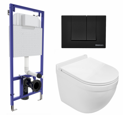 Комплект 3 в 1 инсталляция Berges Wasserhaus Novum 040245 + Подвесной унитаз WeltWasser Heimbach 043 GL-WT + кнопка черная