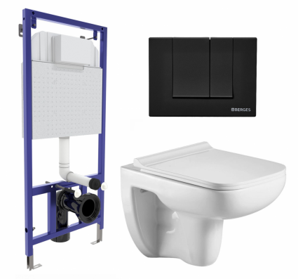 Комплект 3 в 1 инсталляция Berges Wasserhaus Novum 040245 + Подвесной унитаз WeltWasser Kehlbach 004 GL-WT + кнопка черная