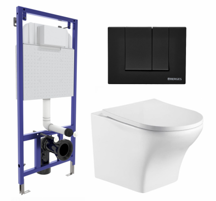 Комплект 3 в 1 инсталляция Berges Wasserhaus Novum 040245 + Подвесной унитаз WeltWasser Odenbach 004 GL-WT + кнопка черная