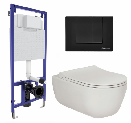 Комплект 3 в 1 инсталляция Berges Wasserhaus Novum 040245 + Унитаз подвесной Berges Wasserhaus Ego XL 082118 + кнопка черная