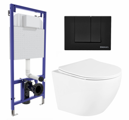 Комплект 3 в 1 инсталляция Berges Wasserhaus Novum 040245 + Унитаз подвесной BelBagno Uno BB3105CHR/SC + кнопка черная