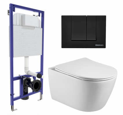Комплект 3 в 1 инсталляция Berges Wasserhaus Novum 040245 + Унитаз подвесной Акватек Вега AQ1905-00 + кнопка черная
