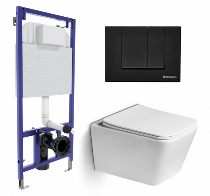 Комплект 3 в 1 инсталляция Berges Wasserhaus Novum 040245 + Унитаз подвесной SantiLine SL-5007 + кнопка черная