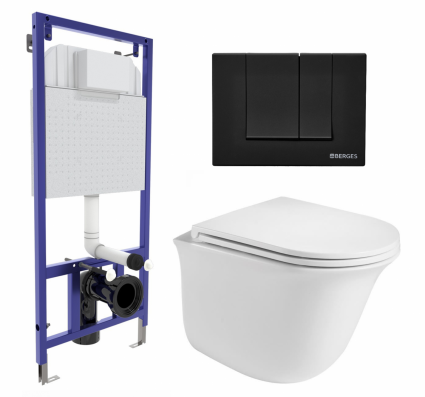 Комплект 3 в 1 инсталляция Berges Wasserhaus Novum 040245 + Подвесной унитаз WeltWasser Telbach 004 GL-WT + кнопка черная