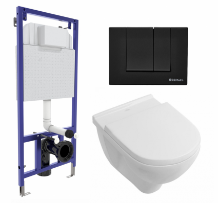 Комплект 3 в 1 инсталляция Berges Wasserhaus Novum 040245 + Унитаз подвесной Villeroy & Boch O Novo Directflush + кнопка черная