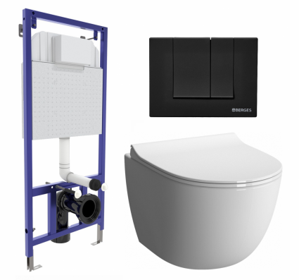 Комплект 3 в 1 инсталляция Berges Wasserhaus Novum 040245 + Унитаз подвесной VitrA Sento 7748В003-0075 + кнопка черная
