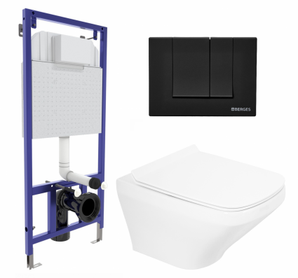 Комплект 3 в 1 инсталляция Berges Wasserhaus Novum 040245 + Унитаз подвесной BelBagno Sela BB3201CHR + кнопка черная