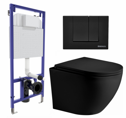 Комплект 3 в 1 инсталляция Berges Wasserhaus Novum 040245 + Унитаз подвесной Weltwasser WW Merzbach 043 MT-BL + кнопка черная